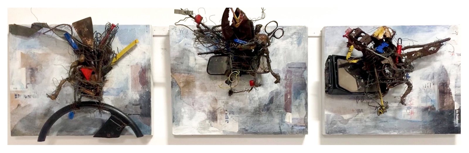Riding High 1, 2, 3, a mixed-media sculpture triptych